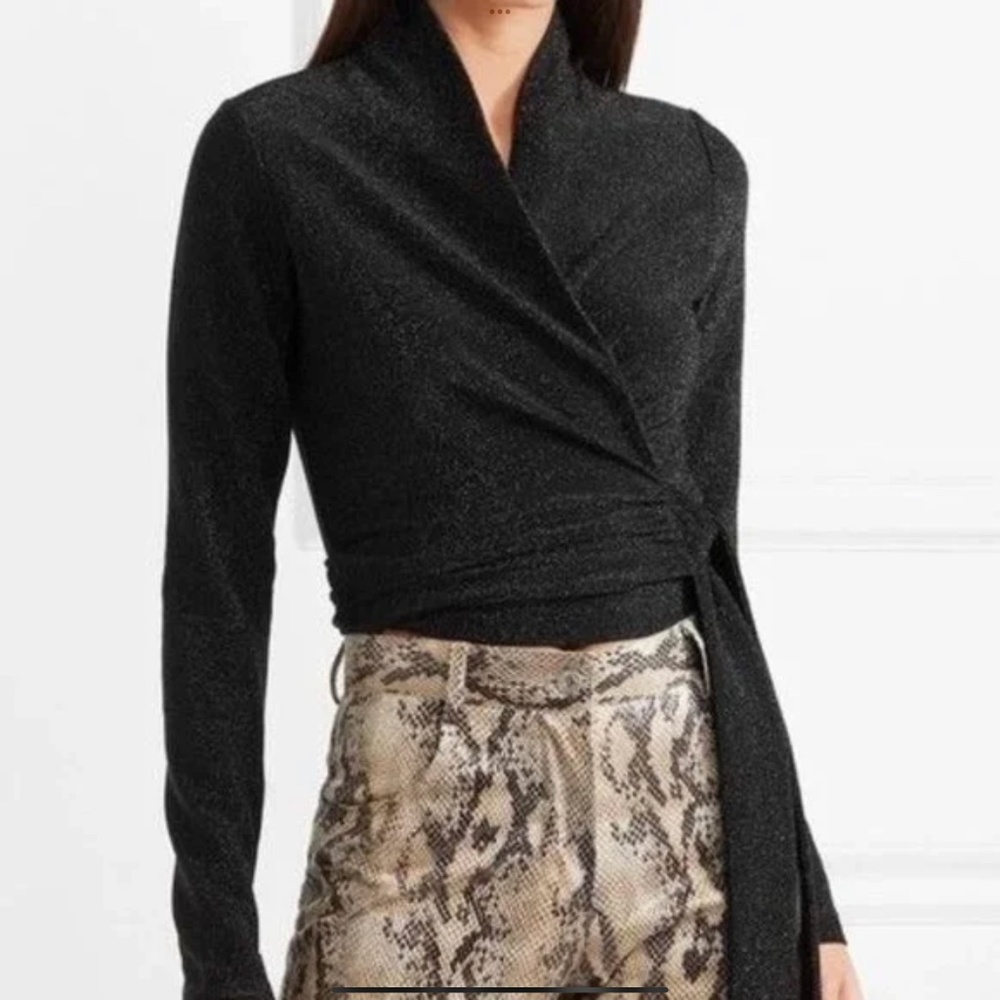 GANNI Black Baxter Long Sleeve Metallic Wrap Blouse
